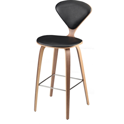 Satine Bar Stool in Black Leather on Walnut Veneer Frame